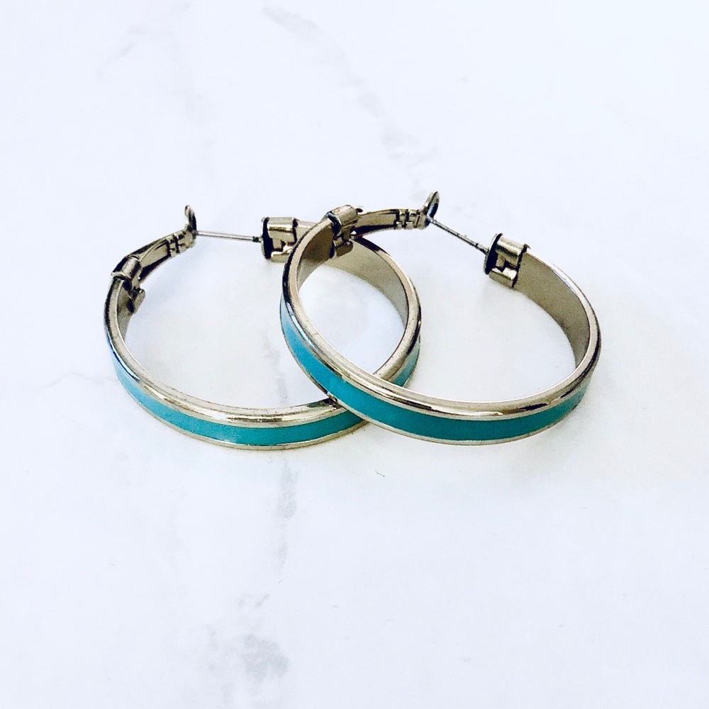 Silver blue turquoise hoop earrings